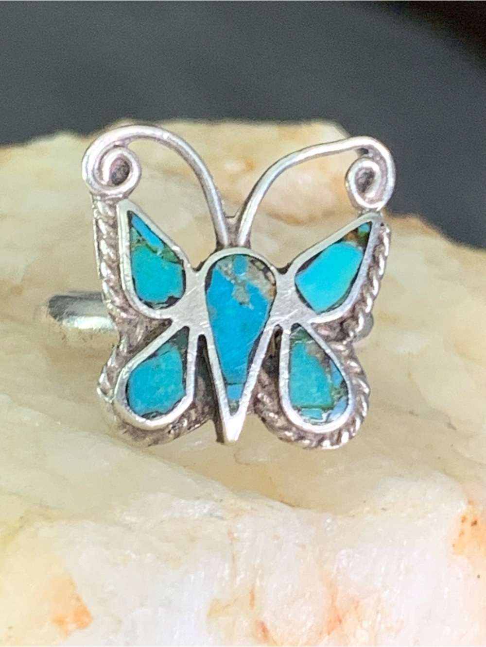 925 Sterling Silver Vintage Native American Butterfly Turquoise Inlay Ring 6.1/2